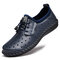 Men Hand Stitching Leather Hole Elastic Lace Non Slip Casual Shoes - Blue
