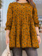 Allover Floral Print Puff Sleeve Crew Neck Casual Blouse - Yellow