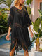 Women Tassel Hollow Out Thin Solid Color Sun Protection Cover Up - Black