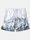 Mens Snow Mountain & Letter Print Quick Dry Pocket Board Shorts - White