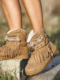 Plus Size Women Retro Ethnic Rivet Tassel Warm Lining Moccasin Short Boots - Khaki