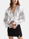 Ruffle Print Single Breasted V-neck Lantern Sleeve Women Blouse - White