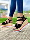 Large Size Peep Toe Buckle Strap Espadrilles Wedges Sandals For Women - Black