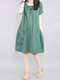 الصلبة جيب قصير الأكمام طاقم الرقبة فستان خمر - أخضر