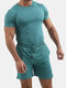 Mens Cotton Solid Color Two Piece Outfits Short Sleeve T-Shirt & Drawstring Shorts Casual Set - Green