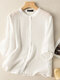Solid Loose Button Half Sleeve Casual Crew Neck Blouse - White