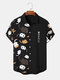 Mens Cute Cat Japanese Print Lapel Short Sleeve Shirts - Black