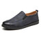Men Pure Color Leather Soft Slip On Flat Casual Shoes - Blue