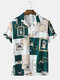 Mens Baroque Color Block Printed Revere Collar Vintage Short Sleeve Shirts - Green