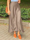 Women Satin Solid Color Side Zip Casual Skirt - Khaki