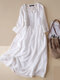 Women Solid Half Button Cotton Casual 3/4 Sleeve Dress - White