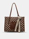 Vintage 2 PCS Lattice Pattern Bowknot حقيبة يد جلد صناعي كبير سعة حقيبة كتف حقيبة عطلة نهاية الأسبوع - قهوة