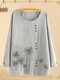 Floral Printed Button O-neck Long Sleeve Blouse - Grey