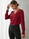 Blusa de manga larga fruncida con cuello en V liso de encaje de guipur - Vino rojo
