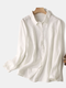 Solid Color Embroidered Lapel Collar Long Sleeve Casual Blouse - White