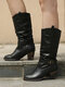Plus Size Women Buckle Belt Decor Mid Calf Chunky Heel Riding Boots - Black