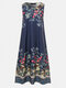 Women Floral Print Sleeveless Bohemia Dress With Pocket - Dark Blue