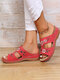 Summer Women's Comfy Flowers Embroidered Plus Size Hand-Stitched Casual Wedge Slippers - Red