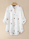 Floral Embroidery Long Sleeve Stand Collar Blouse For Women - Red