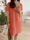 Solid Short Rolled Sleeve Pocket Crew Neck Women Dress - Orange