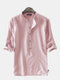 Mens 100% Cotton Stripe 3/4 Short Sleeve Henley Shirt - Pink
