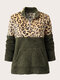 Plus Size Leopard Pattern Patchwork Zip Front Fluffy Sweatshirt - Green