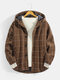 Mens Cotton Plaid Plus Velvet Thick Button Casual Loose Hooded Jacket - Brown