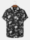 Mens Monochrome Tropical Plant Print Holiday Short Sleeve Shirts - Black