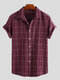 Mens 100% Cotton Plaid Short Sleeve Turndown Collar Casual Shirt - Red