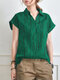 Stripe Print Short Sleeve Lapel Blouse For Women - Green