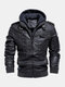 Mens Washed PU Leather Zip Up Pocket Detachable Hooded Elastic Hem Thick Jackets - Grey
