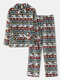 Women Christmas Allover Animal Print Lapel Cotton Double Pocket Long Pajamas Set - Green