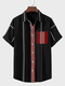 メンズ コントラストストライプ パッチワーク 胸ポケット カジュアル 半袖シャツ - 黒