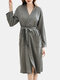 Women Pure Color Waffle V-Neck Double Pockets Robes Pajamas With Belt - Grey