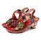 SOCOFY Vintage Floral Hand Painted Genuine Leather Stitching Soft Buckle Strap Sandals - Red
