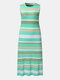 Knitted Stripe Print O-neck Sleeveless Casual Dress for Women - Green
