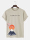 Mens Japanese Cherry Blossoms Mountain Print Short Sleeve T-Shirts - Apricot