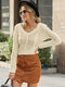 Solid Cable Knit V-neck Long Sleeve Sweater For Women - Apricot