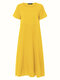 فستان كاجوال سادة اللون O-neck Short Sleeve Plus Size Dress for Women - الأصفر