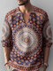 Mens Allover Ethnic Totem Print Notched Neck Henley Shirts - Red