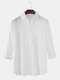 Mens Linen Solid Color Relaxed Fit Basic Long Sleeve Shirts With Pocket - White