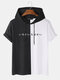 Mens Japanese Print Two Tone Patchwork Short Sleeve Hooded T-Shirts - Black