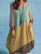 Women Ditsy Floral Print Color Block Patchwork 3/4 Sleeve Dress - Multi Color