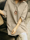 Blusa casual con solapa de manga 3/4 suelta sólida - Caqui