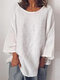 Women Plain Crew Neck Cotton Casual Long Sleeve Blouse - White