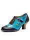 Socofy Genuine Leather Retro Fashion Floral Colorblock Comfy Breathable Hollow Mary Jane Heels - Blue