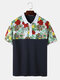 Mens Floral Print Patchwork 100% Cotton Short Sleeve Golf Shirts - Black