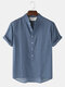 Men Breathable & Thin Cotton Stand Collar Curved Hem Solid Henley Shirt - Navy