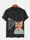 Mens Cartoon Cat Figure Graphic Crew Neck Camisetas de manga curta inverno - Preto