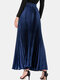 Solid Color Elastic Waist Long Pleated Skirt For Women - Blue
